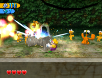 Wario using the Wild Swing-Ding on some Magons in Wario World