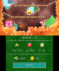 Smiley Flower 1: Located in a secret room shortly after the beginning of the level. Above the space where the level's first Chomp Rock comes to a stop, there is a hidden area where Pink Yoshi must Ground Pound onto some soft rock and enter a door. On the other side, he must defeat all the Shy Guys on a series of platforms to produce the Smiley Flower; he can do so using another Chomp Rock.