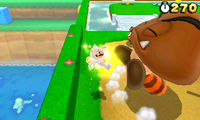 White Tanooki Mario defeating a Big Tail Goomba in Super Mario 3D Land