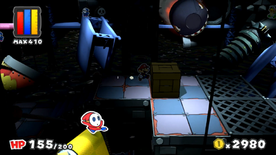Mario near a crate containing a Mega Mushroom Battle Card in Black Bowser's Castle of Paper Mario: Color Splash.