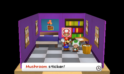 Mario getting a Mushroom Sticker from the Crybaby Toad in Decalburg of Paper Mario: Sticker Star.