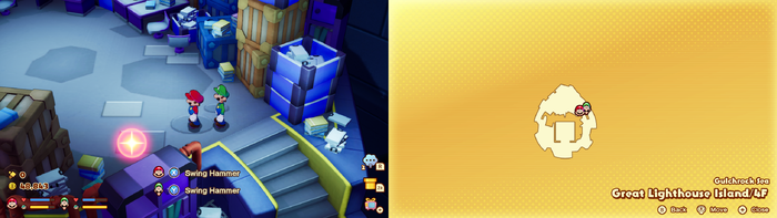 Mario and Luigi near the Patriarc's Note 4 on Great Lighthouse Island of Gulchrock Sea of Mario & Luigi: Brothership