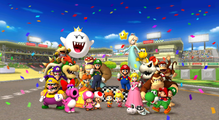 The true ending (with everything unlocked), with the entire cast at the end of the credits at Luigi Circuit.