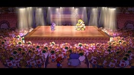 Mario and Flurrie watch the match between Rawk Hawk and The Koopinator in the remake.