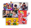A promotional collage featuring photographs of Nintendo Switch players and artwork of several Nintendo Switch Mario games