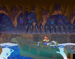 Mario near the Gate Handle in Pirate's Grotto of Paper Mario: The Thousand-Year Door.