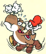 Artwork of a Brown Yoshi Flutter Jumping, from Super Mario World 2: Yoshi's Island.