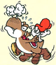 Artwork of a Brown Yoshi Flutter Jumping, from Super Mario World 2: Yoshi's Island.