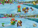 Only two blue Shy Guys appear in a multiplayer race.