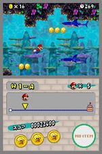 Mario swimming in an early version of New Super Mario Bros. (the Star Coins look different).