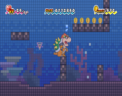 Bowser finding the second set of 5 Coins in The Tile Pool of Super Paper Mario.