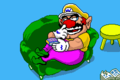 Wario watching TV wearing his classic plumber outfit from the Mario franchise