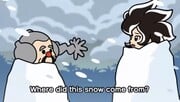 Young Cricket and Master Mantis wondering where the sudden snow came from