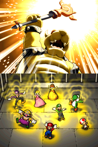 Bowser shrinks the characters with his Minimizer in Mario Party DS's Story Mode.