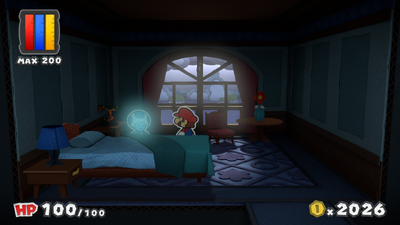 Mario near the revealed ghost in the Room 301 of Dark Bloo Inn of Paper Mario: Color Splash.