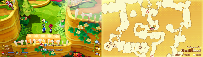 Mario and Luigi near wooden crates containing 2 Coins and a Syrup Jar on Florall Island of Mario & Luigi: Brothership.