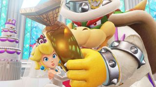 Peach displays her raw strength in a glorified arm-wrestling match with Bowser.