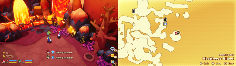 Mario and Luigi near a Sprite Bulb Nest on Heatfreeze Island of Mario & Luigi: Brothership.