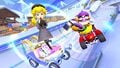 Peach (Wintertime) and Wario (Hiker) tricking, with Penguin Toad approaching a half-pipe in the distance