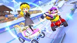 Peach (Wintertime) and Wario (Hiker) tricking off a half-pipe, with Penguin Yellow Toad about to trick off a half-pipe in the distance
