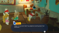 The Fork inside his house during the Bury the Hatchet Spark Quest in Mario + Rabbids Sparks of Hope. This is a glitch as he is not meant to be there.