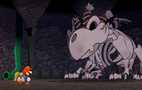 Mario and Goombella about to face Bonetail at the bottom of the Pit of 100 Trials.