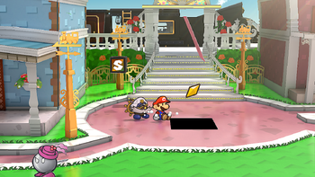 Mario getting the Star Piece under a hidden panel in the open area in front of the station in Poshley Heights in the remake of the Paper Mario: The Thousand-Year Door for the Nintendo Switch.