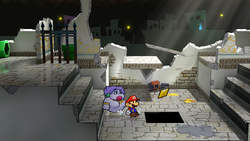 Mario getting the Star Piece under the hidden panel in the west entrance scene in the remake of the Paper Mario: The Thousand-Year Door for the Nintendo Switch.