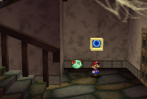 Mario standing next to the Super Block in Tubba Blubba's Castle in Paper Mario.