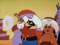 Mario using a gun to shoot a glass bottle in The Super Mario Bros. Super Show! episode, "The Provolone Ranger".