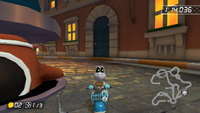 A screenshot where the player can see the Rocky Wrench's shell in Mario Kart 8 Deluxe