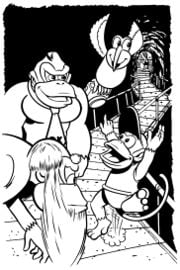 Illustration from page 25 of Donkey Kong Country: Rumble in the Jungle, showing Donkey Kong, Cranky Kong, Diddy Kong and Squawks the Parrot.