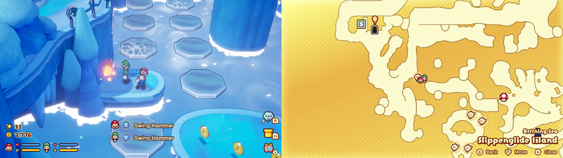 Mario and Luigi near a Sprite Bulb Nest on Slippenglide Island of Mario & Luigi: Brothership.