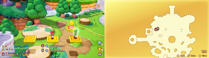 Mario and Luigi near a 10-Coin in the illusionary Mushroom Kingdom area of Soli-Tree of Mario & Luigi: Brothership.