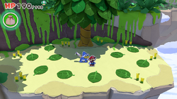 Mario standing in the memory leaf game in Spring of Jungle Mist of The Origami King.