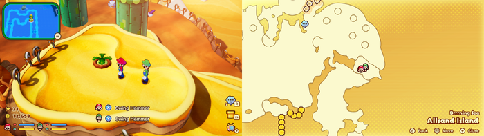 Mario and Luigi near a Grampy Turnip on Allsand Island from Mario & Luigi: Brothership.