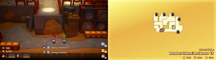 Mario and Luigi near wooden crates containing 2 Coins and a Five Coin on Desolatt Island of Mario & Luigi: Brothership.