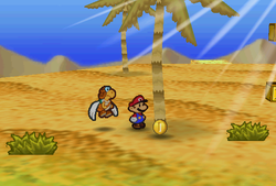 Mario finding a Coin in the scene E7 of Dry Dry Desert of Paper Mario.