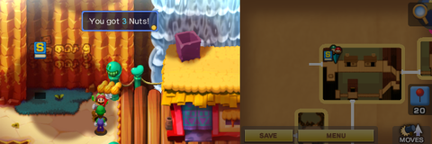 Mario getting 3 Nuts from the Hooligan salesman in the Hoohoo Village part of Hoohoo Mountain of Mario & Luigi: Superstar Saga + Bowser's Minions.