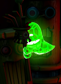 A Strong Greenie using a spear decorated with a Kalimba mask in the "Double Trouble" mission