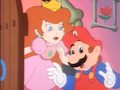Mario realizing that Luigi and Yoshi flew away, despite Princess Toadstool not believing him.