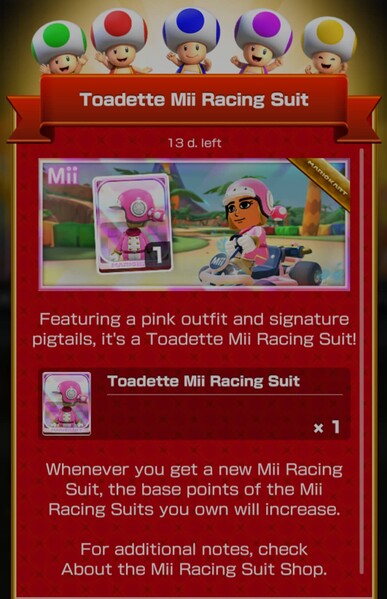 File:MKT Tour101 Mii Racing Suit Shop Toadette.jpg