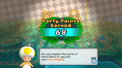 The results screen showing how many Mario Party Points the player has earned in Mario Party 9, where the theme "Good Job!" plays.