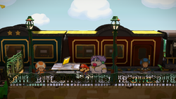 Mario getting the Star Piece under a hidden panel near the Toad girl in the station area of Rogueport in the remake of the Paper Mario: The Thousand-Year Door for the Nintendo Switch.