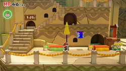 Mario standing near a closed parasol containing group of coins in Picnic Road of The Origami King.