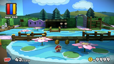 Mario near 3 Coins in Plum Park of Paper Mario: Color Splash.