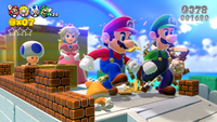 Mega Mario, Luigi, Peach and Blue Toad in Super Mario 3D World.