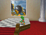 Yoshi facing the picture of Bob-omb Battlefield