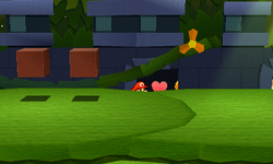 Mario near 5 Coins and a Heart in Shy Guy Jungle of Paper Mario: Sticker Star.