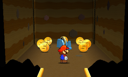 Mario near the Tape Thing surrounded by 7 Five Coins in Tree Branch Trail of Paper Mario: Sticker Star.